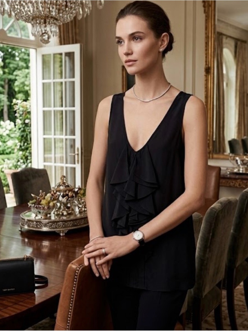 Tory Burch Women's Black Silk Ruffle Front  Sleeveless Tank Top Sz 6